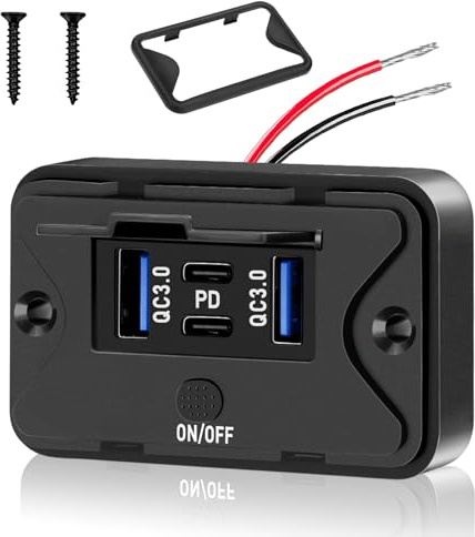 Daakro USB-laddningsuttag 12 V billaddare dubbel QC3.0 USB & dubbel PD3.0 typ C mobiltelefon snabbladdare vattentät med strömbrytare för 12 V/24 V husvagnar, bilar (1 st)