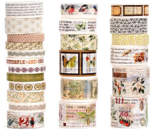Songdao Retro Washi tejp, 24 rullar dekorativa antika maskeringstejp vintage tejp färgglada för konst, gör-det-själv-hantverk, dagbok, planerare, scrapbook, förpackning (4-naturjournal)