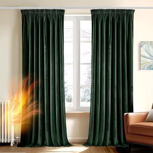 Deconovo Tende per Interni Eleganti in Velluto con Fettuccia 140x175 cm Verde Scuro – Set di 2 Pannelli Moderni per Camera da Letto e Soggiorno, Morbide e Decorative