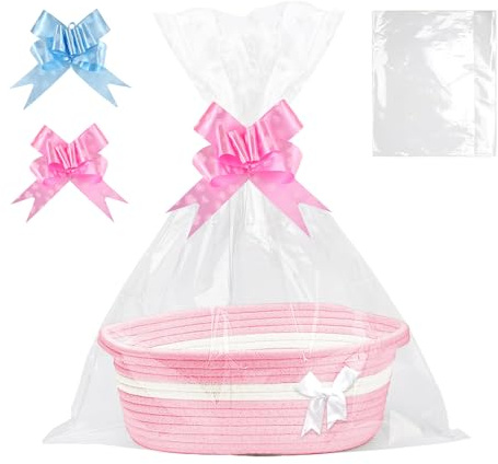 JOAASU Cesto Regalo Vuoto, Cesto Intrecciato Per Regali Con 2 Sacchetti Regalo Trasparenti e 2 Fiocchi Regalo, CestoRegalo Per Baby Shower, Compleanno, Matrimonio, Ringraziamento, Natale