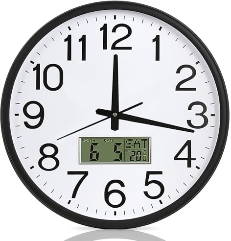 Reloj de pared radiocontrolado por radio, 32 cm, reloj de pared silencioso con indicador de temperatura, silencioso reloj con calendario, batería, sin ruido de tictac, adecuado para salón, dormitorio