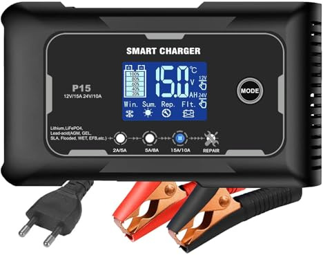 Haisito Caricabatterie per auto 15 A/10 A, 6 V/12 V/24 V, adatto per batterie al litio, LiFePO4 e acido piombo (AGM, gel, MF, EFB, SLA, VRLA), moto, tosaerba, barche, ecc.
