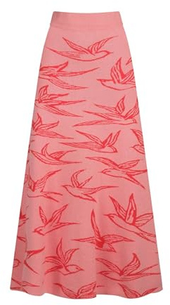 OXKnit Knittd Midi Skirts for Women, 1960s Mod Style Casual Retro Birds Pattern High Waist A Line Cotton Pink Skirts