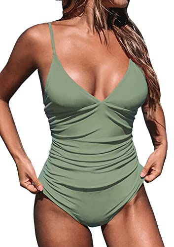 CUPSHE Damen Einteiler Badeanzug Triangel V Ausschnitt Raffung Bauchweg Strandmode Einteilige Bademode Swimsuit Oliv Grün M