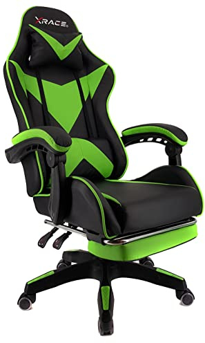 xRace - Poltrona da gaming per videogiochi, girevole, alta in pelle con supporto lombare, poggiatesta e poggiapiedi, regolabile, inclinabile, stile corse racing (verde)