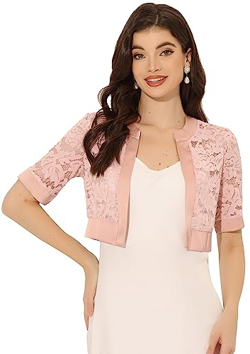 Allegra K Bolero - Cárdigan de encaje de manga corta con panel de satén para mujer, rosa, XL