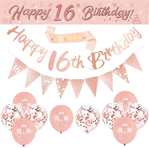 14 Pieces 16th Happy Birthday Decorations,Rose Gold 16Th BIrthday Party Supplies Including Happy 16TH BIRthday Banners BIRThday Straps Triangle Flag Bunting Confetti Latex Balloons