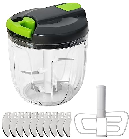 CYLBAQ Zwiebelschneider Manuell 900ml,Gemüse Zwiebel Zerkleinerer mit seilzug, Gemüseschneider Manuell mit 10 Edelstahlklingen und 1 Mixer, Multizerkleinerer Onion Chopper
