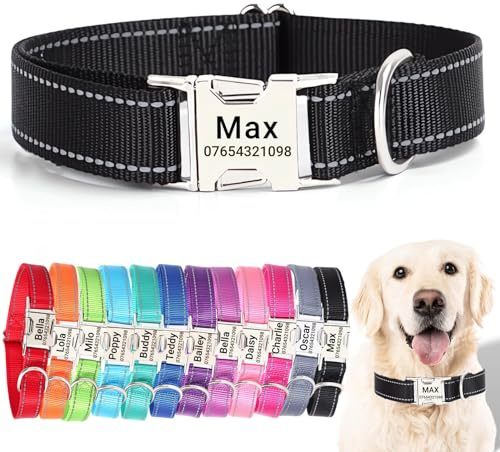 SEOUGEE Personalised Dog Collar with Engraved Metal Buckle, Reflective Nylon Collars for Small Medium Large Dogs with Custom Name Plate Phone Number, Adjustable (Black, M:Neck 35-50cm,Width 2cm)