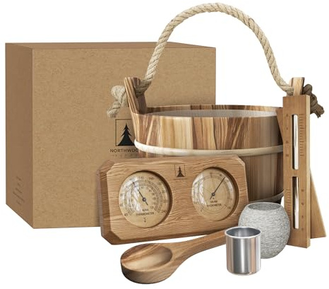 Northwood Sauna - Sauna Accessories Kit - Handmade from Canadian Red Cedar Wood - Core Set (Bucket & Ladle, Thermometer & Hygrometer, Sand Timer, Aromatherapy Cup)