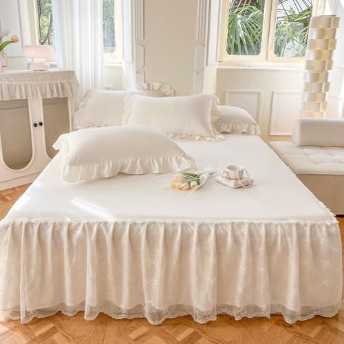 Mesnt Spannbetttuch 150 x 200, Polyester Einfarbig mit Spitze Bettwaren Spannbettlaken Matratzenschoner, Weiß