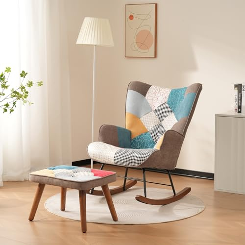 ModernLuxe Rocking Chair with Footrest,Reading Rocking Chair, Vibrant Colours and Wooden Iron Frame, Quilted Living Room Rocker for Relaxation and Comfort Multi-Colour B