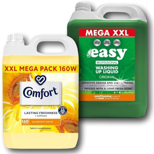 Comfort Sunshiny Days Fabric Conditioner 160 Washes & Easy Washing Up Liquid 5L Bundle – Long-Lasting Freshness, Hypoallergenic Laundry Care & Powerful Grease-Cutting Dish Soap By MegaAisle