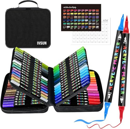 IVSUN 60 Farben Acrylstifte für Steine Wasserfest - Acrylmarker mit feine Spitze und Pinsel für Steine Bemalen Holz Leinwand Keramik Glas, 1-5mm Multimarker Acrylfarben Stifte Set
