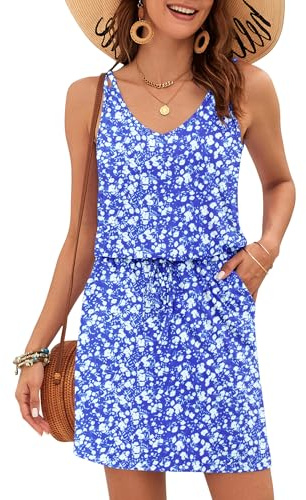AUSELILY Women's Summer Dress Casual Sleeveless Sundress Beach Swing Drawstring Waist Dress with Pockets Blue Flowers L