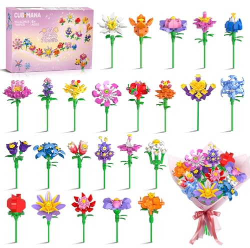 Lot de 24 fleurs, cadeaux de fête enfants set de construction – 789 pièces bouquet mini blocs 3,6 mm – prix scolaire, Pâques, petit cadeau Noël, souvenir anniversaire, pour filles et garçons dès 6 ans