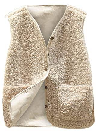 Teddy Fleece Gilet For Women Fur Faux Vest Sleeveless V-neck Button Down Vest Sherpa Fluffy Waistcoat Lightweight Cozy Gilets Ladies Winter Soft Jacket With Pockets Fuzzy Coat Outwear