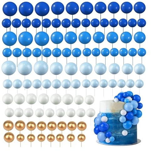 yolzhxe 108 Piezas Bolas Decoracion Tartas, DIY Topper Cake, Adornos de Bolas para Pasteles, Mini Globo Palo Pastel, para Cumpleaños Fiesta Boda (Azul/Blanco/Dorado)