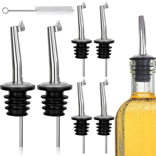 EJRUP 6 Pezzi Metal pour Tappo Versatore Bottiglia in Acciaio Inox,con Spazzola,Beccuccio Conico Liquore,Professionale Versatore per Liquori,per Vino, Cocktail, Olio D'Oliva, Succo, Sciroppo, Aceto