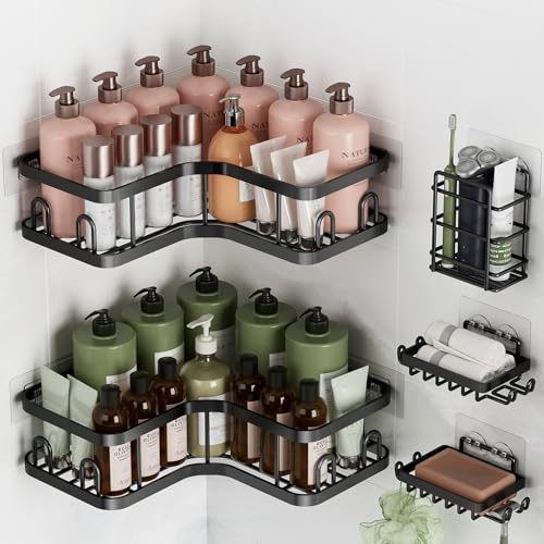 Veken Corner Shower Caddy 5-Pack, Advanced Rustproof Design, No Drilling Adhesive Shelves, Rack with Soap Holder, Bathroom Organizers and Storage, Wall-Mounted Kitchen&Home Decor,Black,Gifts for Mom