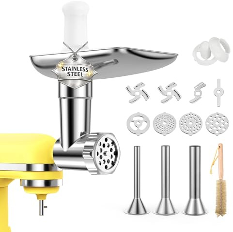 Accesorio Picadora de Carne de Acero Inox para KitchenAid – 4 Platos Picadores, 3 Tubos de Relleno de Salchichas, 2 Cuchillas Picadoras Apto & 1 Formador de Albóndigas – Para Lavavajillas –Por MMOBIEL