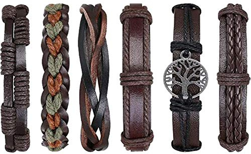 flintronic® Pulsera Hombre, 6 Piezas Personalidad Retro Tejida de Traje de Cuero Multicapa, Moda Brazalete Trenzado Roccia Punk, Ajustable (#3 Serie)
