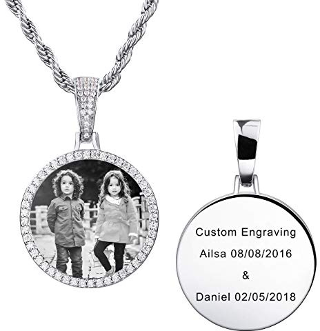 MeMeDIY Collana con foto Personalizzata Personalizzata Medaglia di rame Incisione Testo/Nome Memoria Ciondolo rotondo con catena Hip Hop con Catena di Corda di Fascino (Argento 24 pollici)