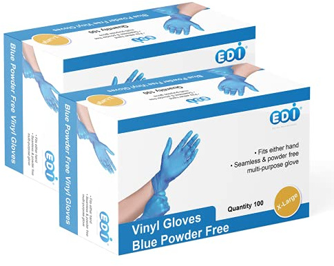 EDI Disposable Vinyl Gloves - Powder-Free, Latex-Free, Blue, Ambidextrous, Disposable, 200 count, X-Large