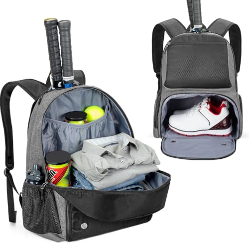 DSLEAF Mochila de Tenis con Capacidad para 2 Raquetas, Bolsa de Tenis con Compartimento ventilado Separado para Tenis, Pickleball, bádminton, Squash, Deportes, Color Gris