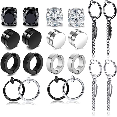 10 paia di orecchini in acciaio inox magnetici finto creole orecchini uomo CZ nero set clip orecchini a cerchio piuma non piercing zircone, Acciaio al titanio