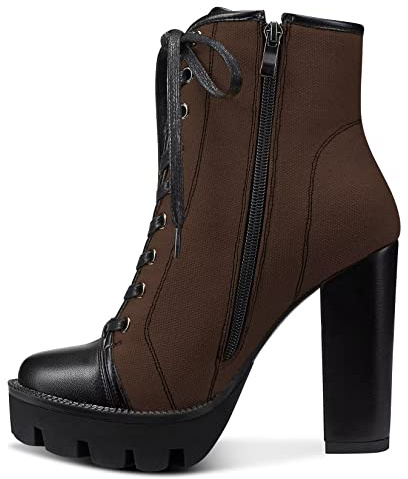 NobleOnly Mujer Alto High Heel Plataforma Redonda Punta Botines Cremallera Cordones Montar Botas Clásico Fiesta Oficina 13 CM Heels Marrón 38 EU