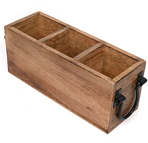 Samhita Porte-couverts en bois de manguier - Organisateur de rangement d'ustensiles de comptoir pour argenterie, fourchette, cuillère, spatule, 3 compartiments (27,9 x 10,2 x 11,4 cm)