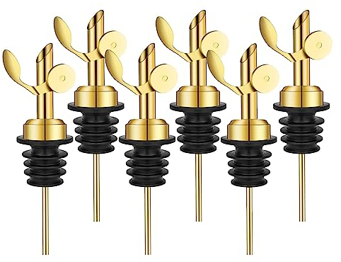 WAFJAMF 6 Pcs Weighted Stainless Steel Bottle Pourers, Self Closing Olive Oil Dispenser Spout, Auto Flip Feature Liquor Pour Spouts for Pours Liquid, Olive Oil， Wine, Vinegar（Gold）