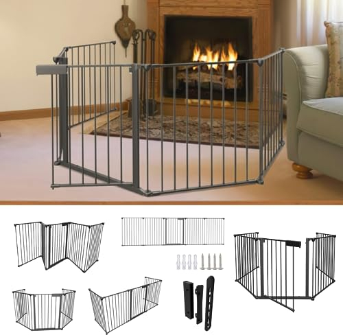 Ikodm Kaminschutzgitter mit Tür 310cm Metall, ofenschutzgitter für Kinder, inkl. 5 Elemente (je 75x65cm) - Schwarz