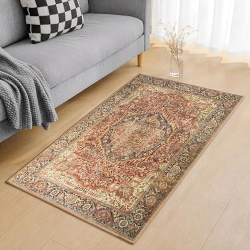 Hafaa Washable Rugs Living Room Small 60x110 cm – Soft Short Pile Area Rugs For Bedroom, Kitchen Carpet Non Slip Bedside Rug Traditional Floral Design Vintage Boho Cashmere Rug, Majestic