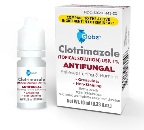 Globe 1% Topical Clotrimazole Solution 10ml Bottle (0.33 Fluid Ounce Liquid) for Athlete’s Foot, Jock Itch, Ringworm Fast-Acting Relief- Extra Strength Formula for Itching,Irritation & Skin Protection