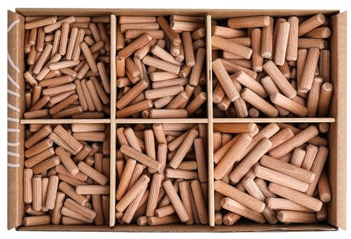 SOLID Holzdübel 600 Stück Holz Dübel Set 6 Größen Holzverbindung Holzstifte Möbeldübel Riffelholzdübel Riffeldübel Kompatibel Mit Dübelfräse Lamellofräse Buchenholz Dübelstangen Holzstopfen