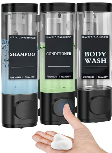 Tvålpump väggmontering, 3 kammare 300 ml duschgel dispenser utan borrning, schampo dispenser för dusch duschgel dispenser handtvättmedelsdispenser för schampo, duschgel, flytande tvål, balsam (svart)