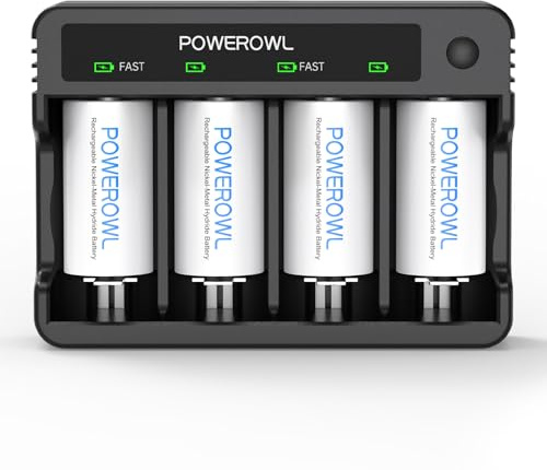 POWEROWL Rechargeable D Batteries with Charger, USB Quick Charging, Universal Battery Charger (ZN452E)