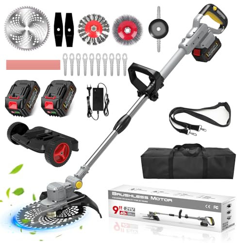 2025 Upgrade Akku Rasentrimmer, Freischneider Akku, Rasentrimmer akku Kompatibel mit Makita, freischneider mit unkrautbürste Enthalten:750W Bürstenloser Motor,2X4.0Ah Akku,6 Klingentypen,Rucksack