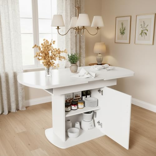 ModernLuxe Extendable Dining Table, Oval Kitchen Table with Storage Cabinet, Modern Minimalist Space-Saving Design, Multi-Functional Bar, White with Silver Handles, 110–130 × 70 × 75 cm