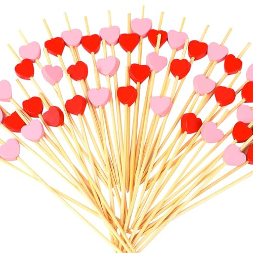 LQTSLFM 200 Piezas Palillos para Aperitivos Corazo, Brochetas de Cóctel Corazón, Fiesta Palillos Decorativos de Madera para Frutas Postres Comida San Valentín Bodas Decoración (Rojo Rosa-A)