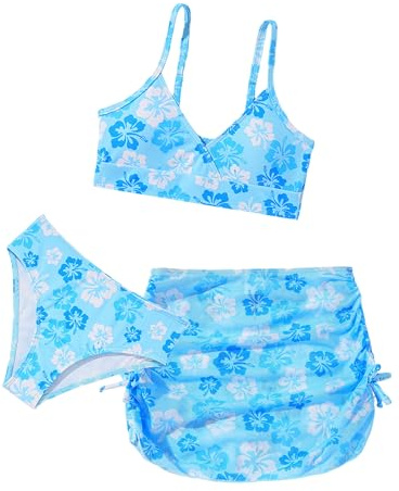 Happy Cherry Costume da Bagno Bambina Mare Estate Set di Bikini Ragazze 3 Pezzi Top Corto Imbottito + Slip + Gonna Stampati Floreali Costumi Spiaggia Piscina Nuoto Blu 14 Anni
