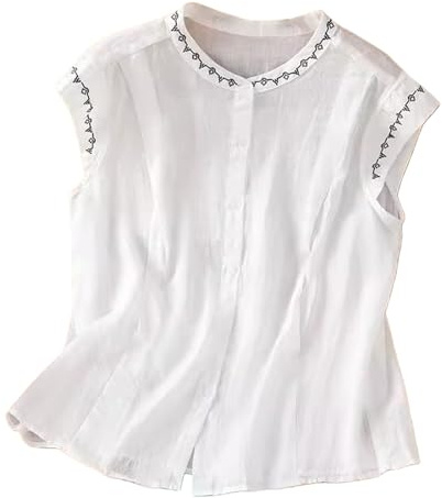 Damtanktopp linne, blustoppar ärmlösa toppar med knappslå linneskjorta lös sommartopp, mjuk bekväm t-tröja, elegant väst, lätt luftig blus, broderi, skjortblus, ledig topp