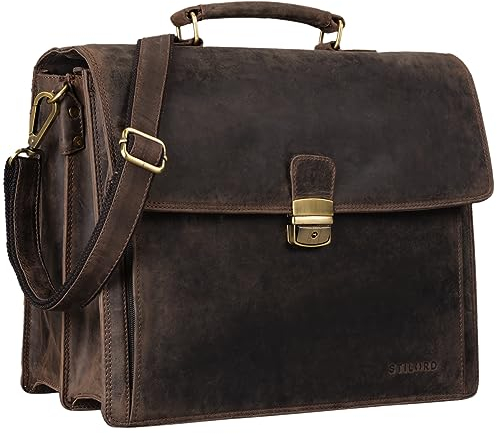 STILORD 'Noel' Aktentasche Leder Herren Vintage groß klassische Arbeitstasche Bürotasche Umhängetasche Dokumententasche mit Laptopfach 13,3 Zoll und Trolleyschlaufe, Farbe:dunkel - braun