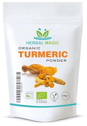Herbal Magic's Organic Turmeric Powder (Curcuma Longa)- High Curcumin Strength- Vibrant Smoothies, Milk, Shakes, Soups, Baking - Free from Fillers & Preservatives-of&G UK Organic Certified-100g