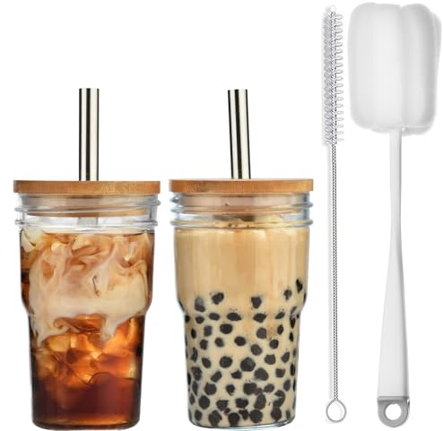 ALINK Lot de 2 gobelets à thé à bulles avec paille - 475 ml - Verre à thé Boba Tea avec couvercle - Verre à large goulot glacé pour milkshakes, jus, smoothies, bières