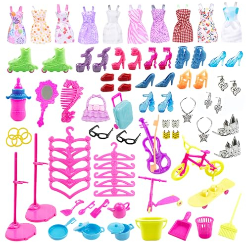 RYAN 88 Barbie Kleidung und Zubehör Möbel Set 10 Kurze Kleider 11 Schuhe 67 Zubehör Inklusive Kleiderbügel und Schmuckzubehör for Girls Kids Party Birthday Gifts