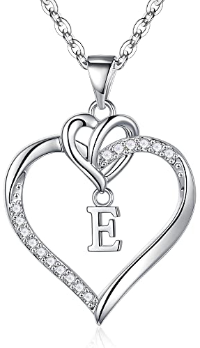 TINGN Halskette Damen Kette mit Buchstaben, 14K Weißgold Vergoldet CZ Herz Anhänger Halskette Mädchen Silber Buchstaben E Kette Schmuck Damen Beste Mama Geschenk, Geburtstags Geschenk für Frauen Mama