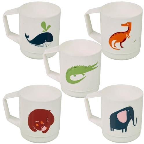 URBN-CHEF Kids Reusable Plastic Drinking Mugs Cups Handle Assorted Animal Design Set (5)